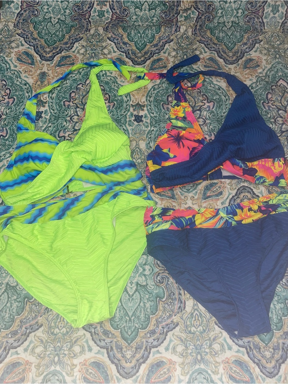 Woman’s Neon Green & Navy Two-Piece One-Piece Swim Set. Both for $12